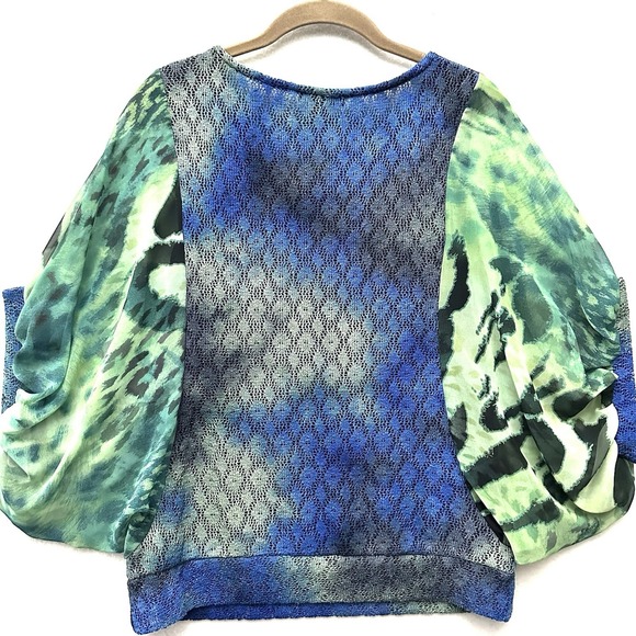 Alberto Makali Blouse Top S Small Chiffon Crochet Sequin Blue Green Art - Picture 10 of 11